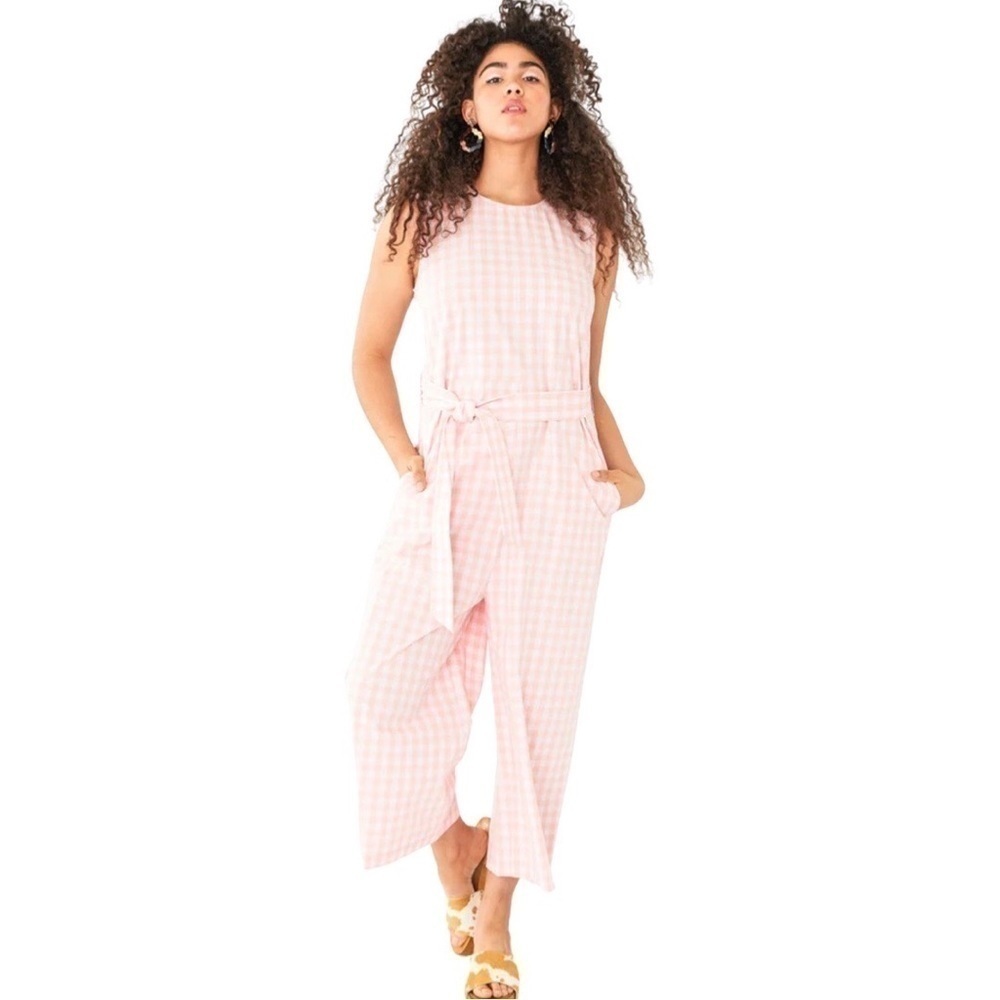 NWT BAN.DO Easy Picnic Plaid Pink 100% Cotton Jumpsuit Medium